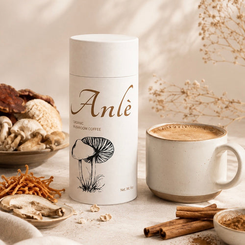 Anlè Organic Mushroom Coffee canister with mushrooms and latte